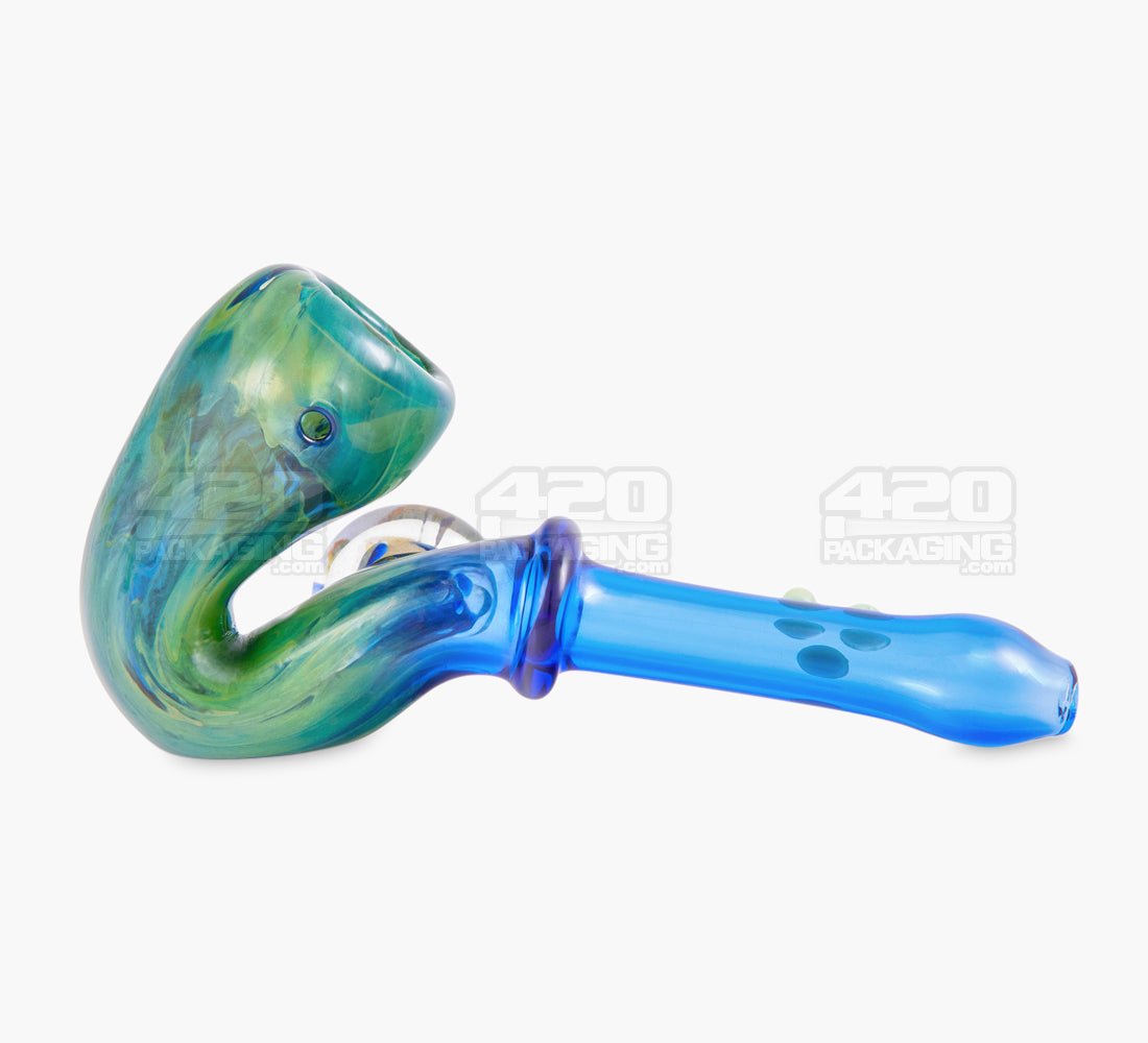 Color Pull Sherlock Hand Pipe w/ Implosion Marble & Triple Knockers | 5.5in Long - Glass - Blue - 3