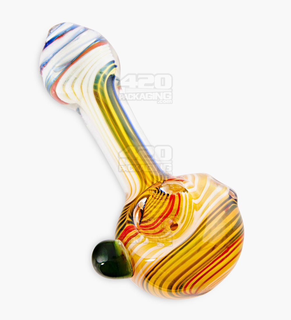 Striped & Fumed Spoon Hand Pipe w/ Wide Mouthpiece | 4.25in Long - Glass - Assorted - 6