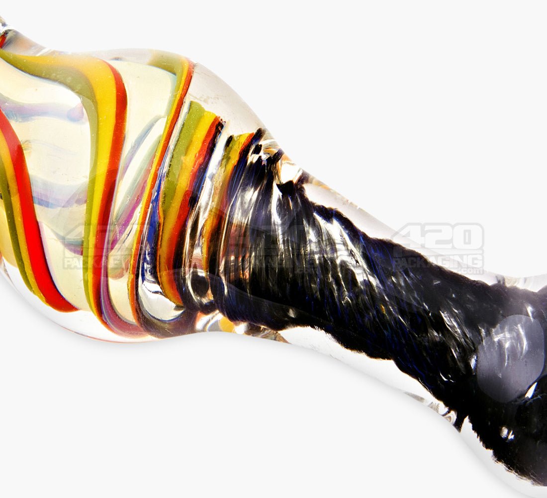 Fumed Stone Frit & Swirl Rasta Spoon Hand Pipe w/ Triple Knockers | 5in Long - Glass - Assorted - 3