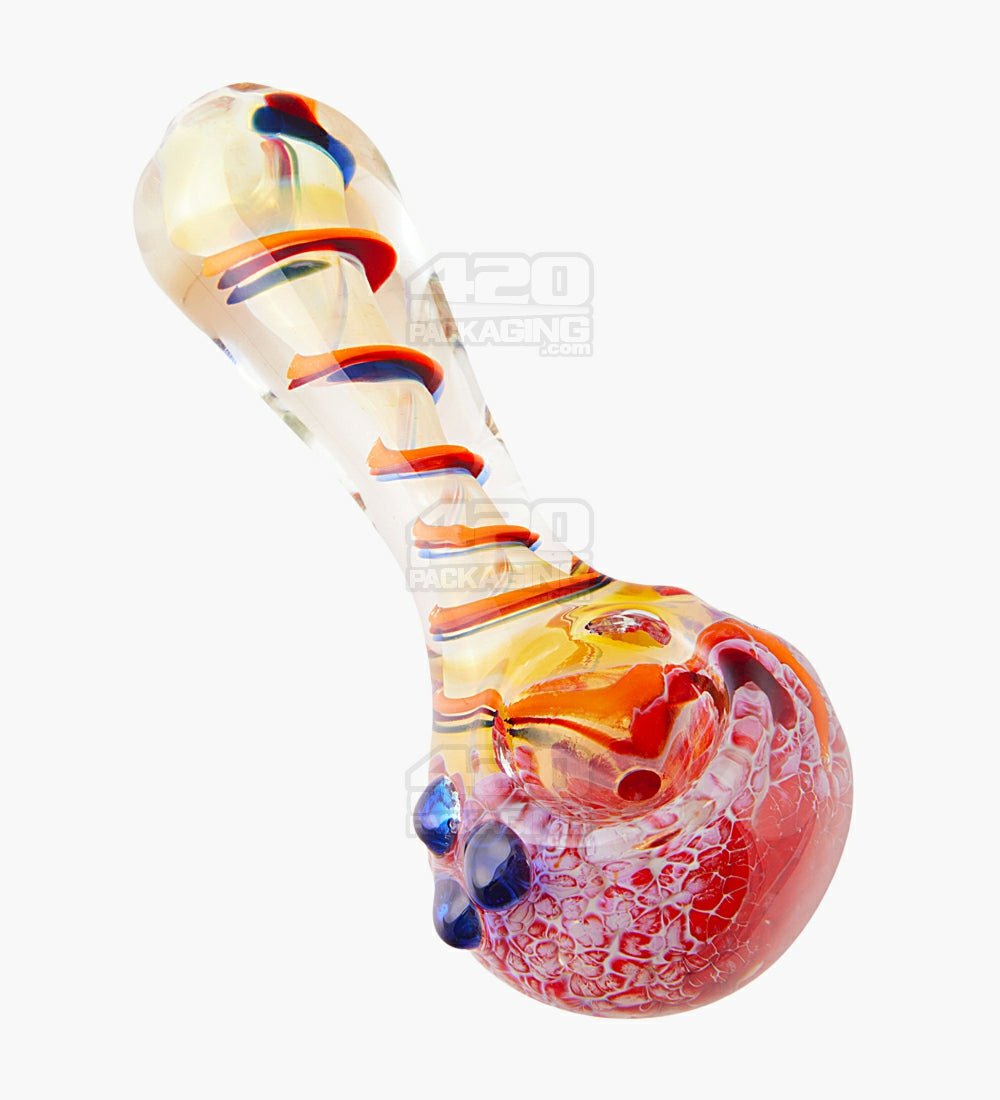 Frit & Fumed Swirl Spoon Hand Pipe w/ Triple Knockers | 4in Long - Glass - Assorted - 1