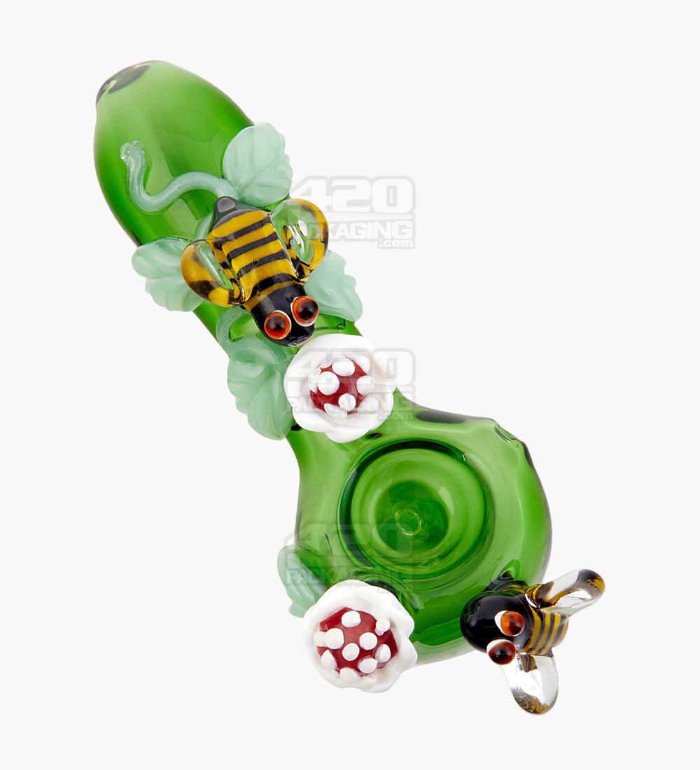 Leaf And Bee Spoon Hand Pipe | 5in Long - Glass - Green - 1