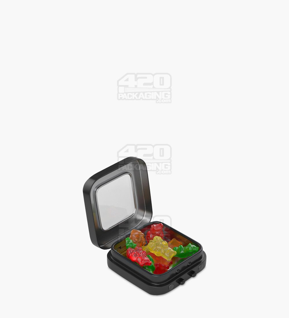 Child Resistant & Sustainable Hinged-Lid Micro Size Vista Black Tin Box w/ See-Through Window 100/Box - 2