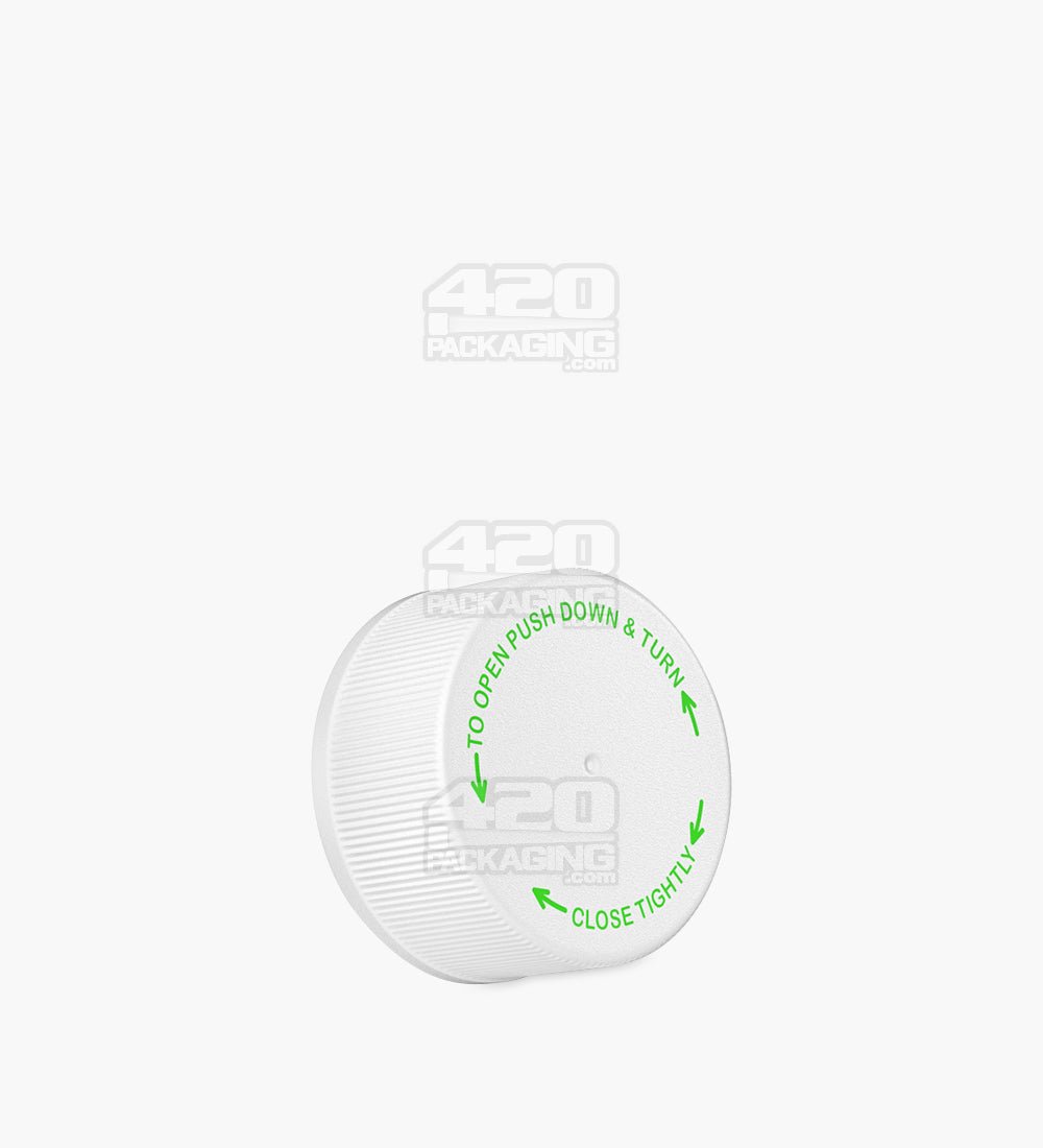 28mm Ribbed Push & Turn Child Resistant Plastic Caps With Text & Foam Liner - Semi Gloss White - 504/Box - 1
