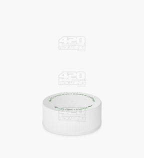 38mm Ribbed Push and Turn Flat Child Resistant Plastic Caps With Text & Foam Liner - Semi Glossy White - 3200/Box - 3