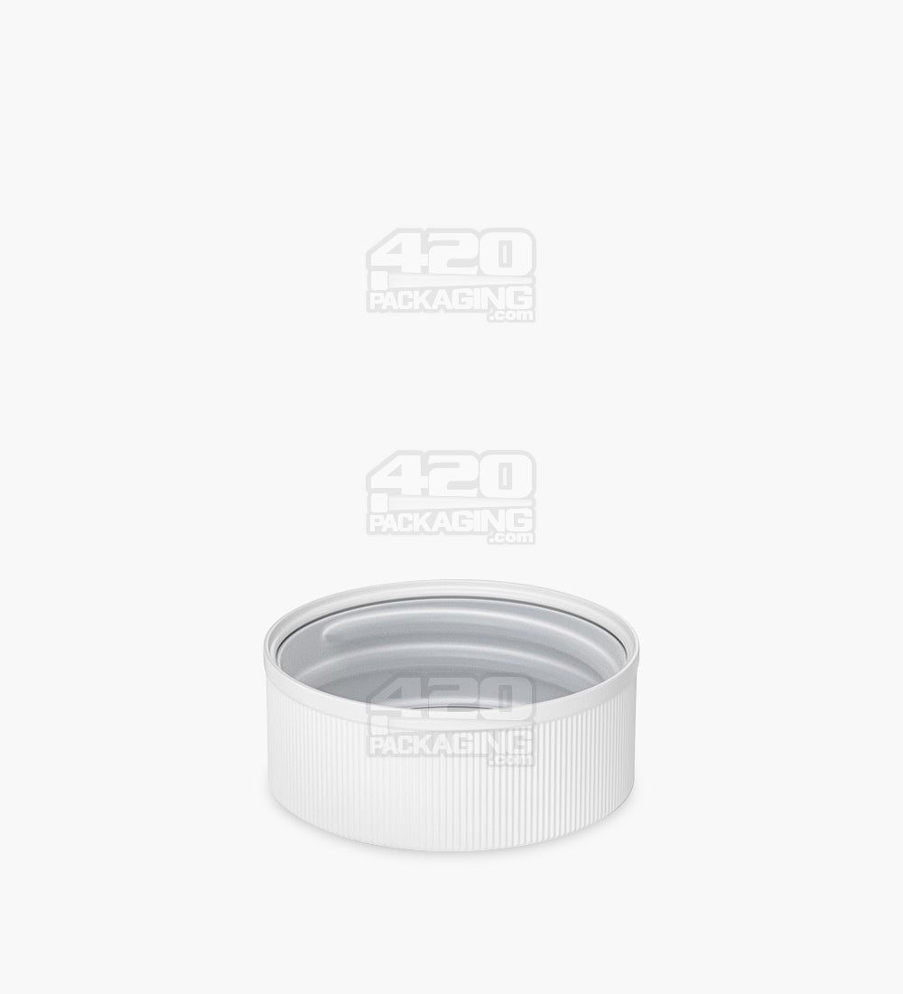 38mm Ribbed Push and Turn Flat Child Resistant Plastic Caps With Text & Foam Liner - Semi Glossy White - 3200/Box - 4