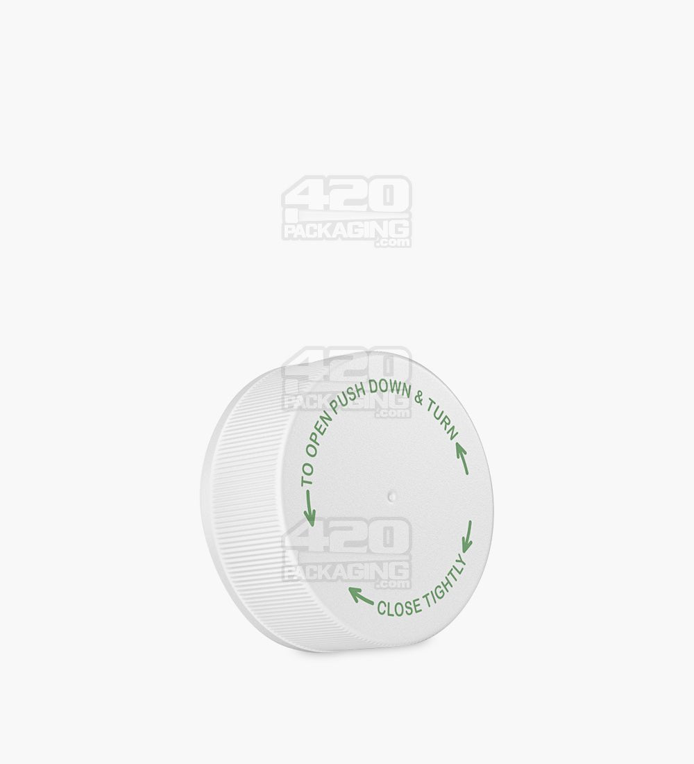 38mm Ribbed Push and Turn Flat Child Resistant Plastic Caps With Text & Foam Liner - Semi Glossy White - 3200/Box - 1