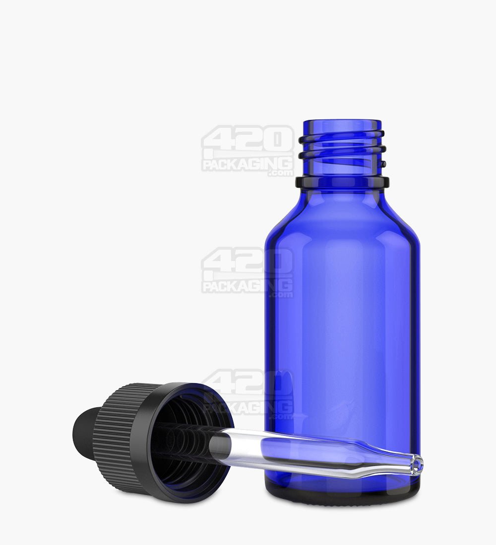 30mL Blus Glass Child Resistant Bottles With Black Ribbed Dropper Cap 120/Box - 1
