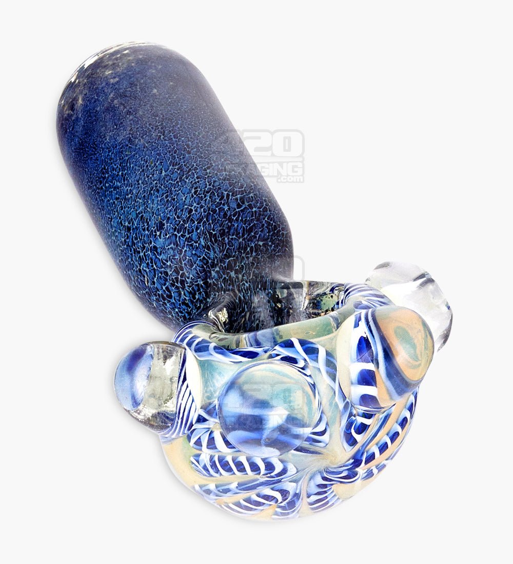 Double Blown Ribboned & Frit Bottleneck Spoon Hand Pipe w/ Triple Knockers | 4.5in Long - Thick Glass - Assorted - 1