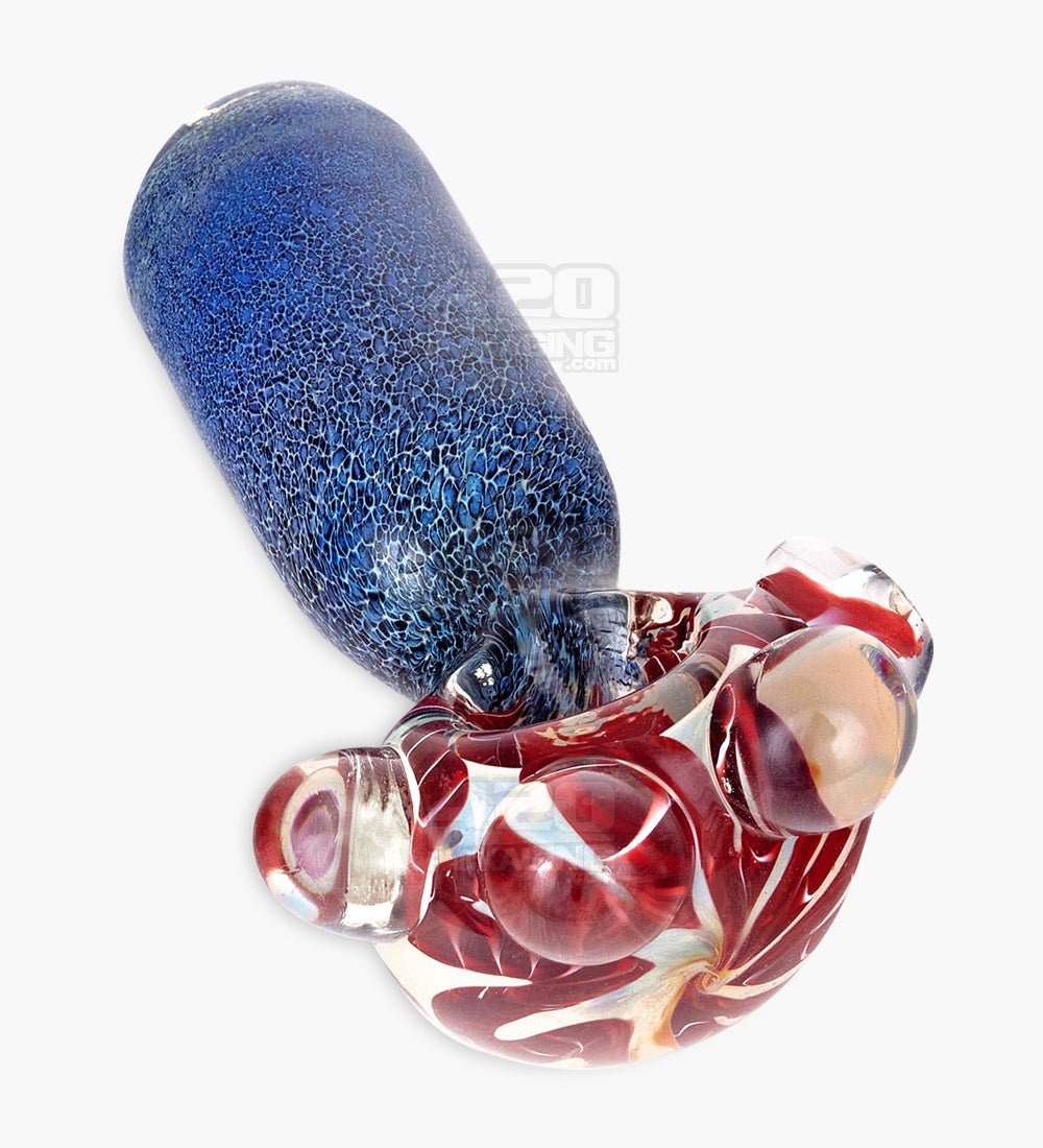 Double Blown Ribboned & Frit Bottleneck Spoon Hand Pipe w/ Triple Knockers | 4.5in Long - Thick Glass - Assorted - 10