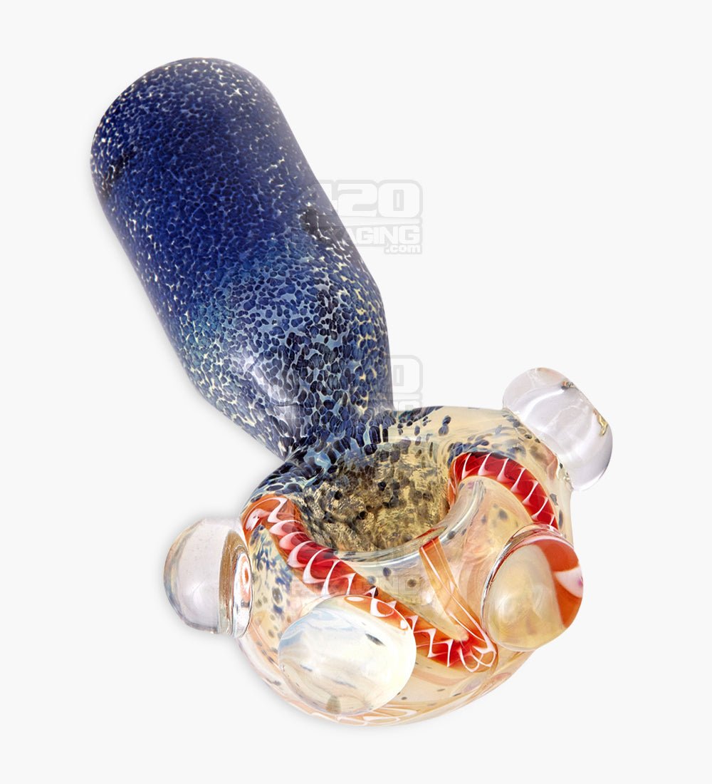 Double Blown Ribboned & Frit Bottleneck Spoon Hand Pipe w/ Triple Knockers | 4.5in Long - Thick Glass - Assorted - 11