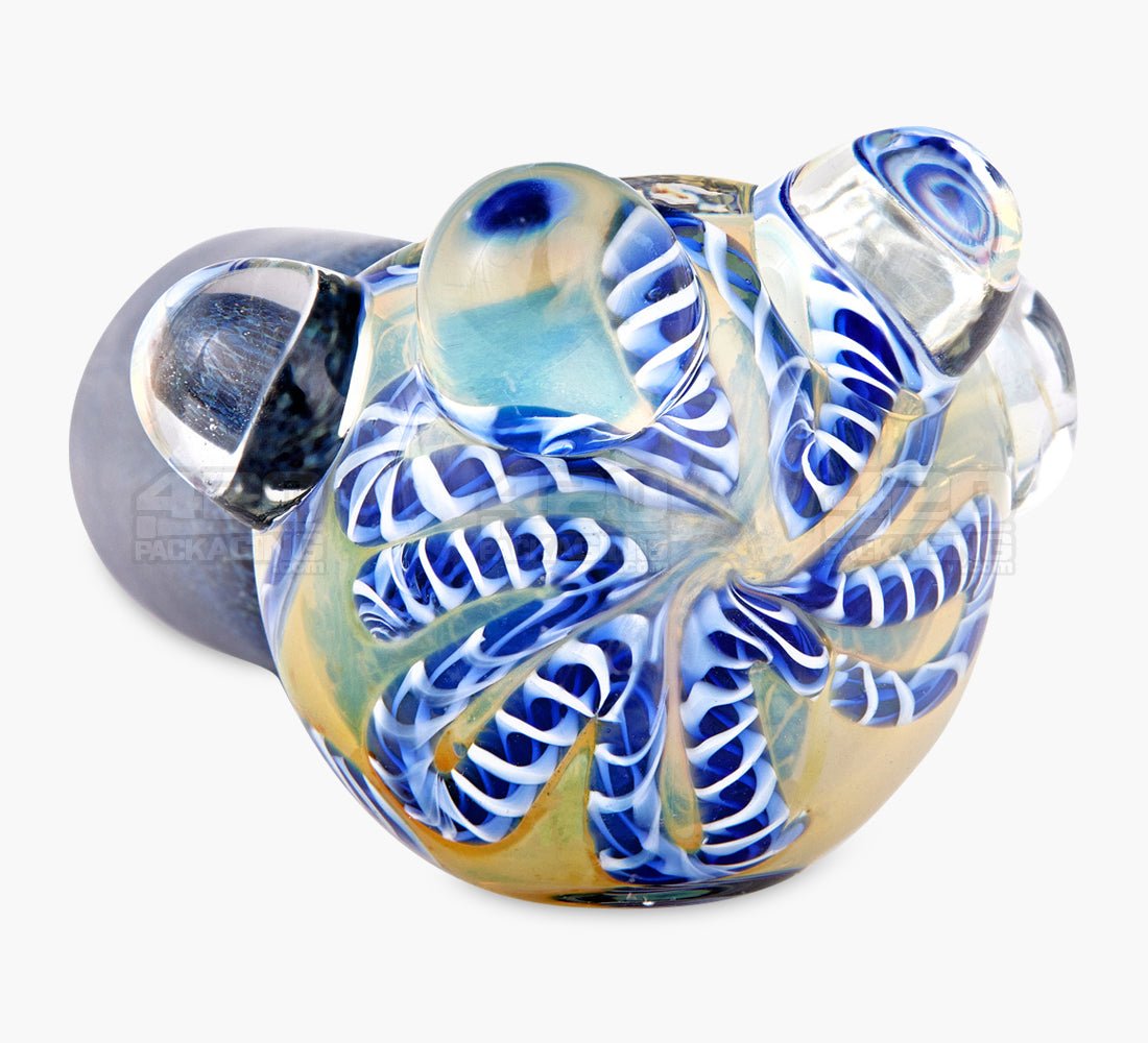 Double Blown Ribboned & Frit Bottleneck Spoon Hand Pipe w/ Triple Knockers | 4.5in Long - Thick Glass - Assorted - 3