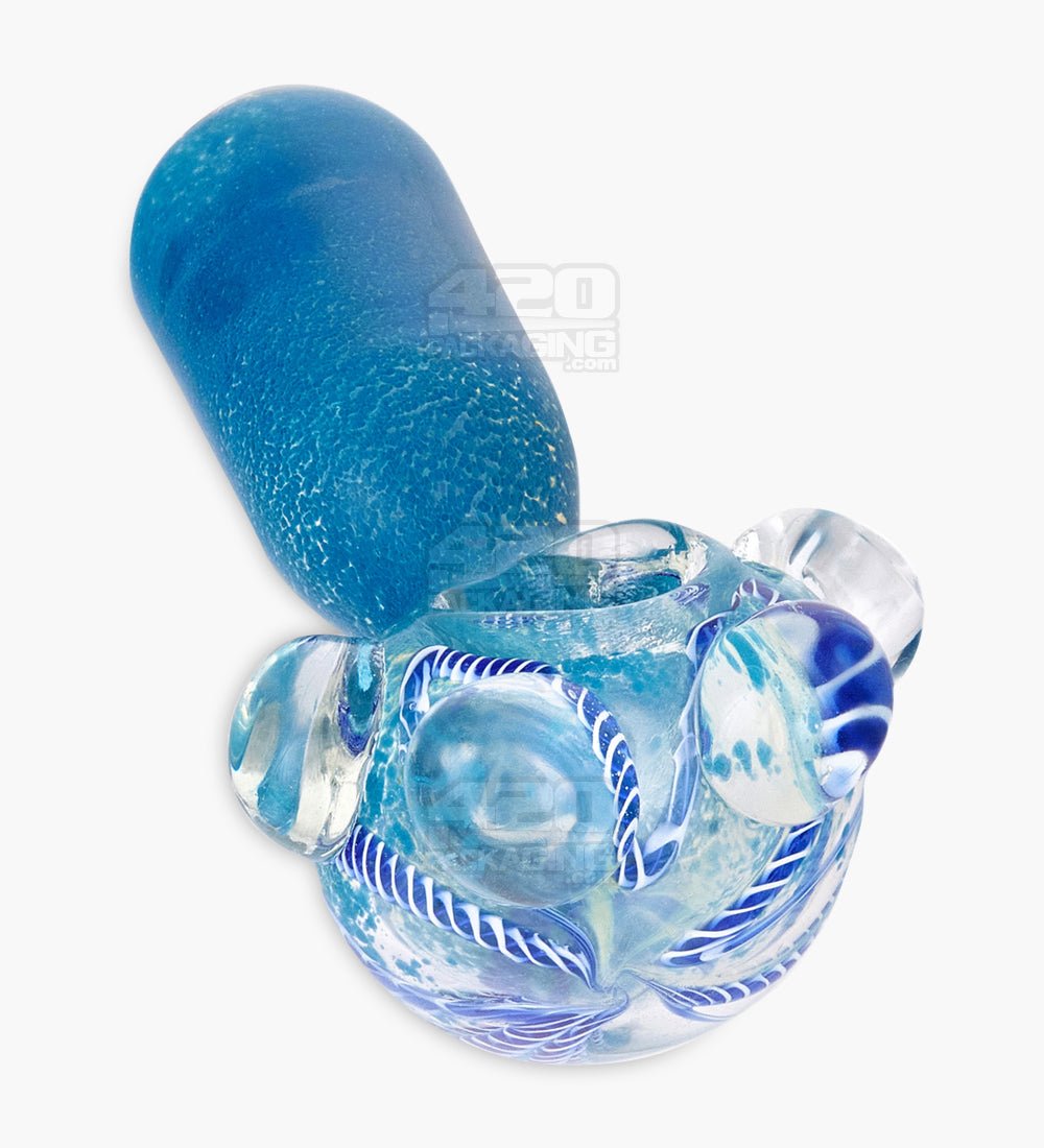 Double Blown Ribboned & Frit Bottleneck Spoon Hand Pipe w/ Triple Knockers | 4.5in Long - Thick Glass - Assorted - 7