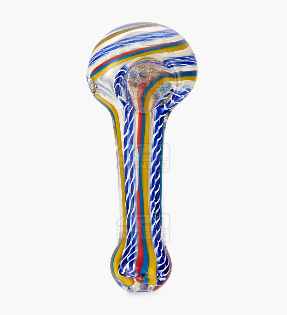 Ribboned & Multi Fumed Spoon Hand Pipe w/ Stripes | 4in Long - Glass - Assorted - 2