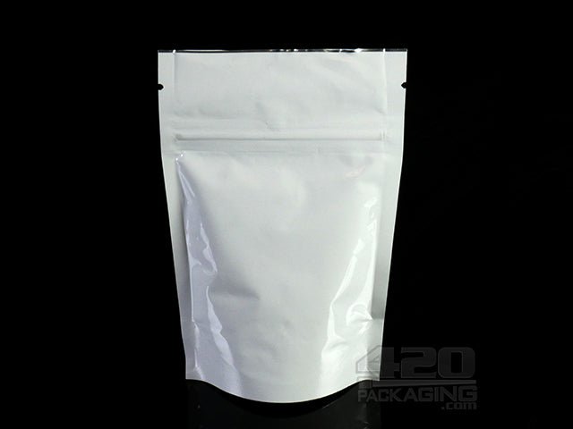 White-White 3" x 5" Mylar Stand Up Pouch Zip Bags 100/Box - 1