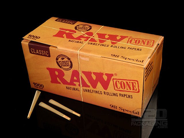 RAW 98mm Unbleached Pre Rolled Paper Cones 1000/Box - 1