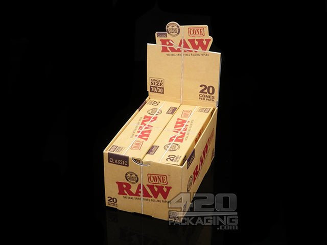 RAW Single Size 70-30 Pre Rolled Paper Cones 12 Pack Display Case - 1